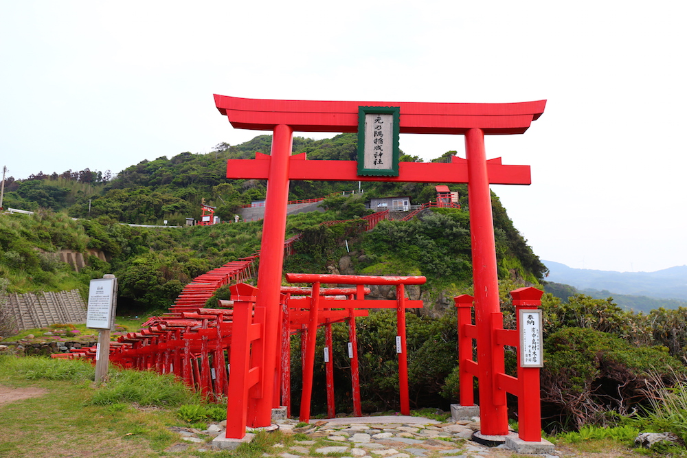 赤い鳥居をくぐって丘の上の拝殿に向かっていく